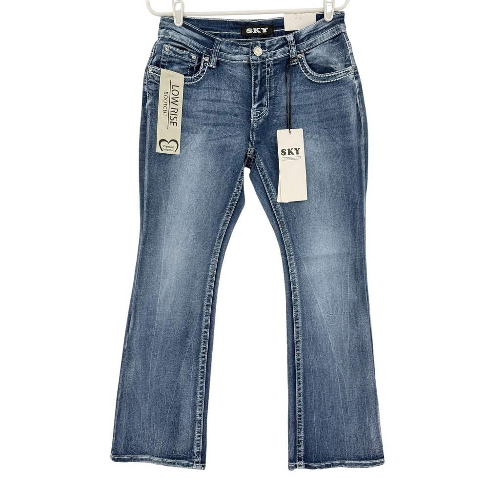 Sky Premium Women's Bootcut Jeans Size 11/12 Blue Rhinestone Heart Wings NWT